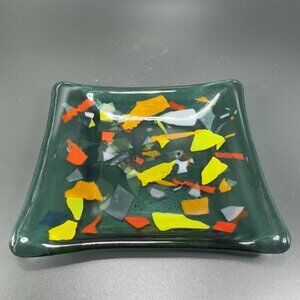 Vintage Hand Made Fused Art Glass Trinket Dish With Multicolored Squares Decor
